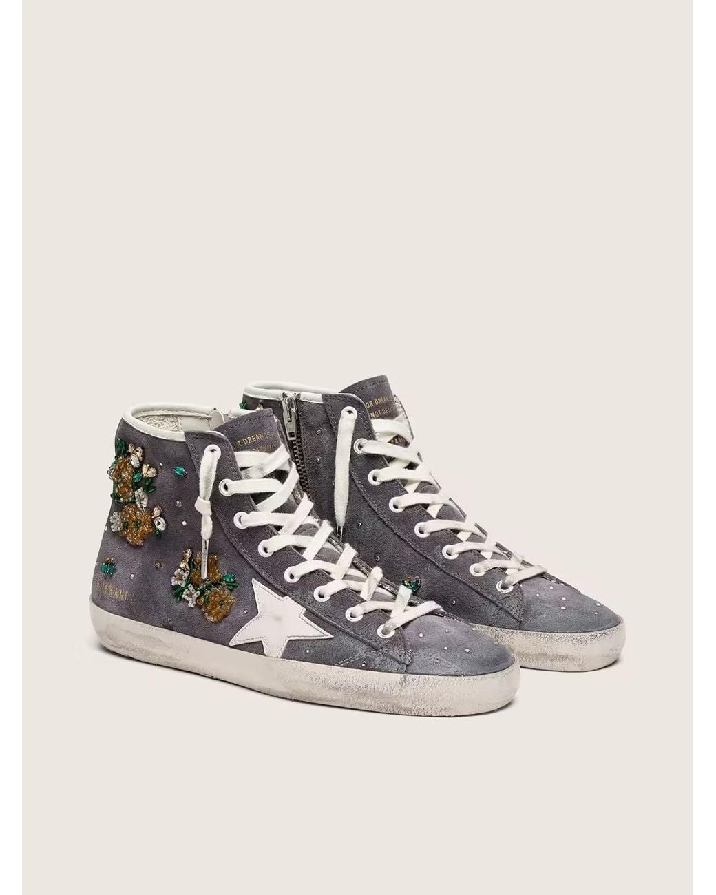 Golden Goose Deluxe Brand Brown Francy Suede Upper With Crystals And Flowers-Beads Embroidery Leather Star