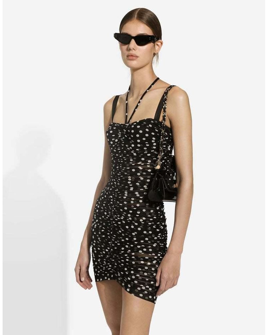 Dolce & Gabbana Black Polka-Dot Printed Draped Mini Tulle Dress