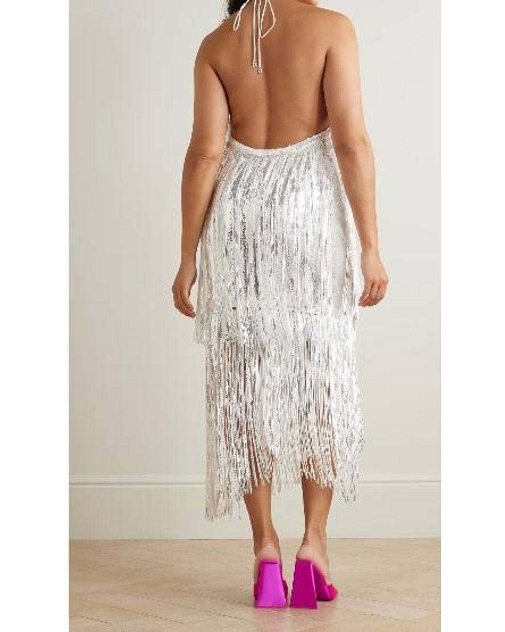 ROTATE BIRGER CHRISTENSEN White Ribbon Sequined Crepe Chiffon Neckline Mini Dress