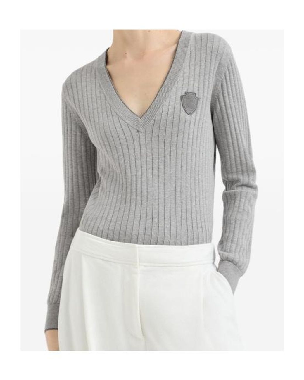 Brunello Cucinelli Gray Cotton Ribbed V-Neck Sweater