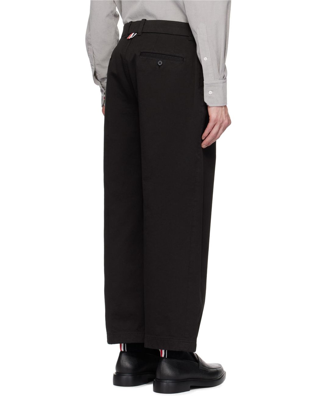 Thom Browne Black Pressed Crease Tapered Leg Chinos for men