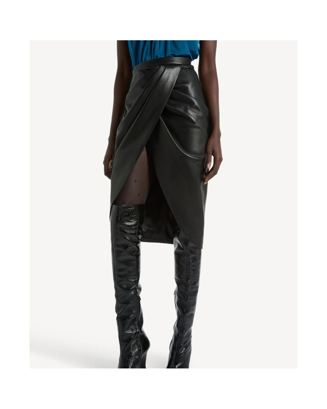Balmain Black Lambskin Draped Midi Skirt