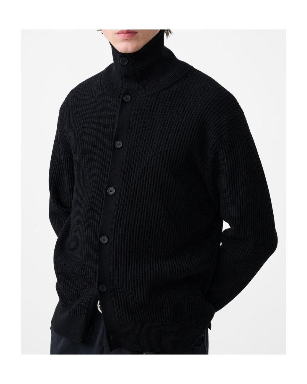 Studio Nicholson Black Ribbed High Neck Cardigan for men
