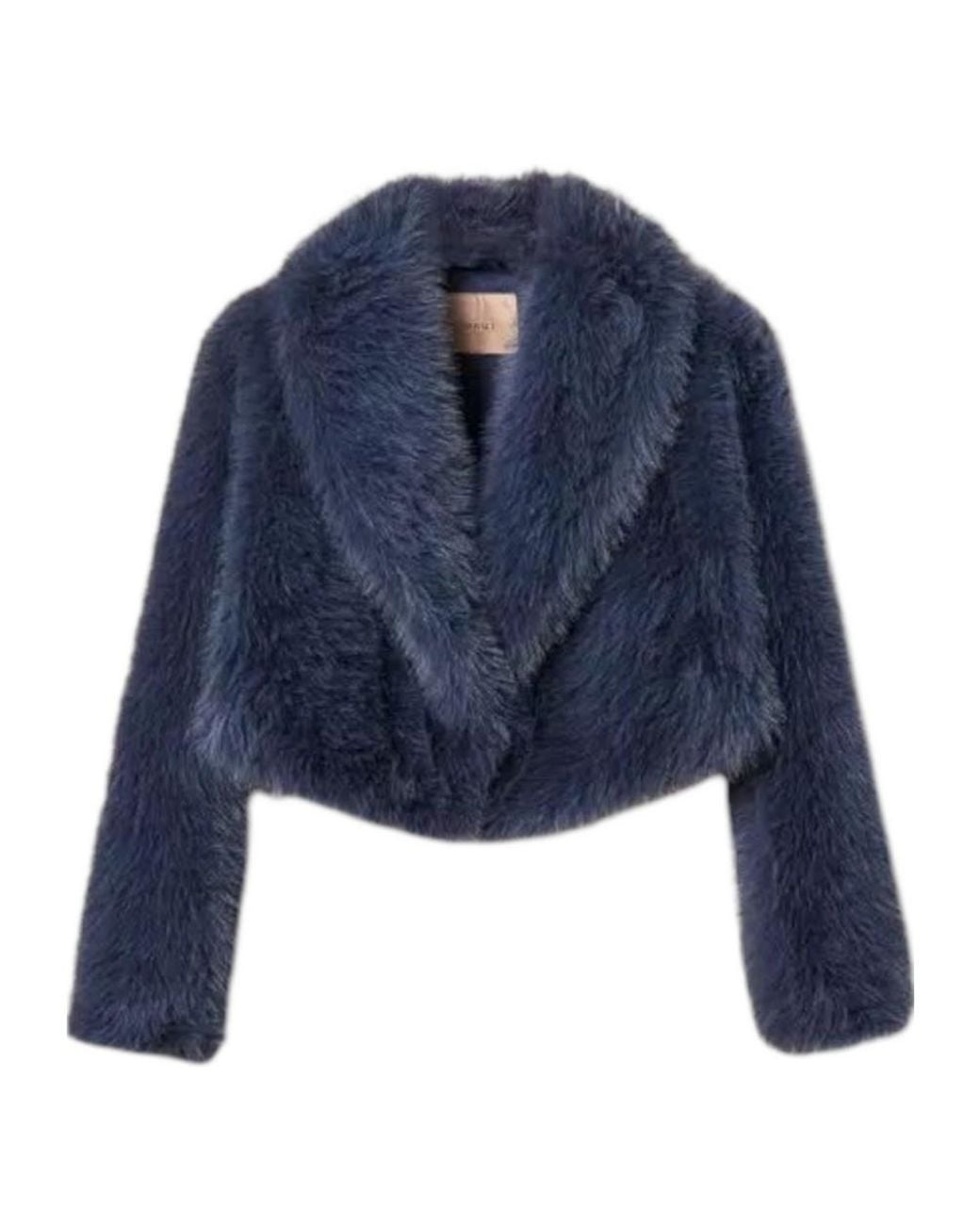 Twinset Blue Cropped Faux Fur Jacket