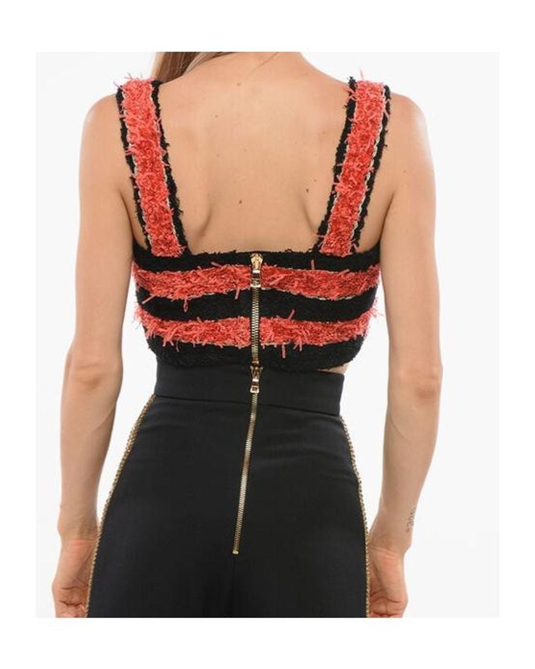 Balmain Black Striped-Pattern Tweed Top