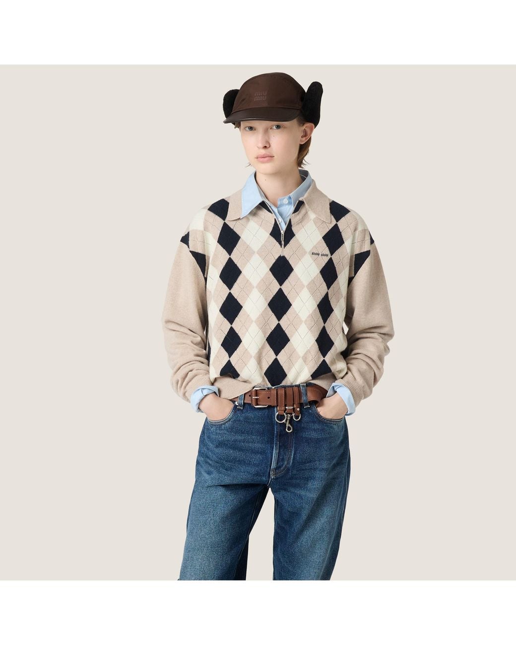 Miu Miu Brown Technical Fabric And Shearling Cap