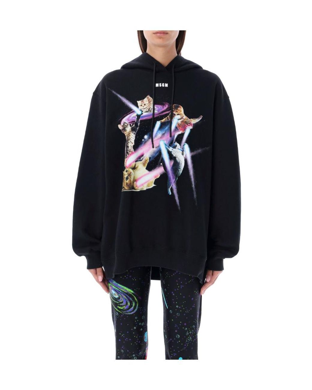 MSGM Black Graphic-Print Drawstring Hoodie