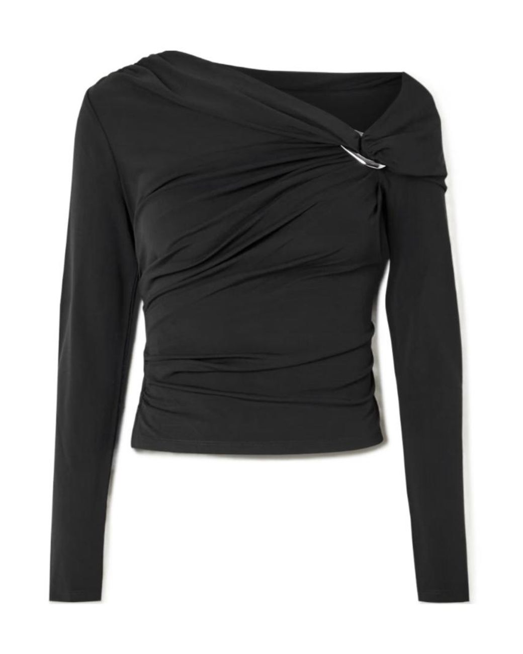 Veronica Beard Black Lozea Asymmetric Embellished Stretch-Mesh Top