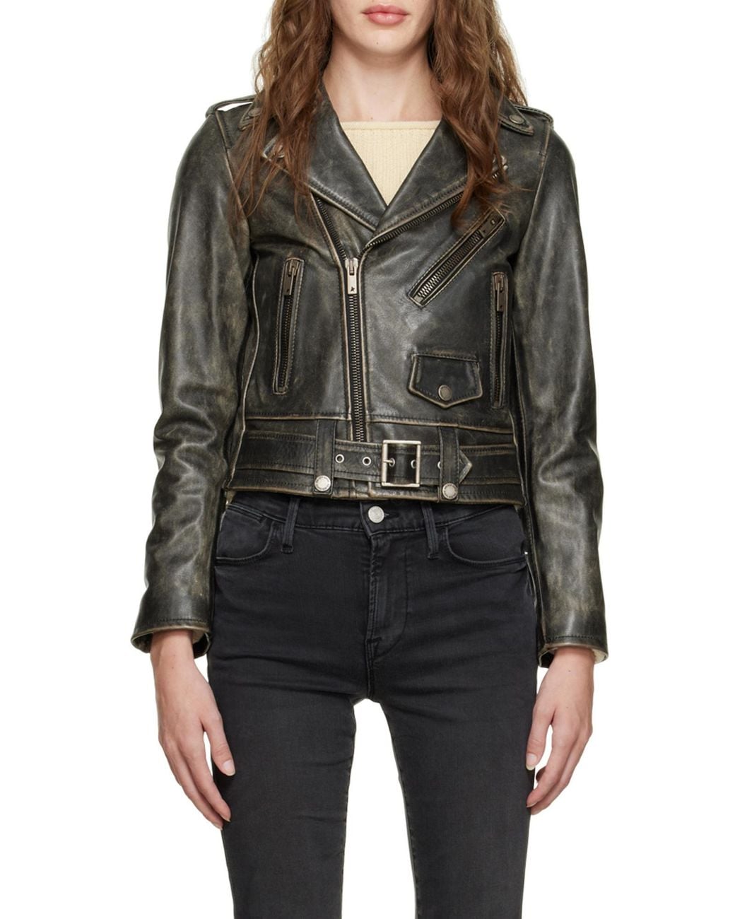 Golden Goose Deluxe Brand Black Cracked Effect Leather Biker Jacket
