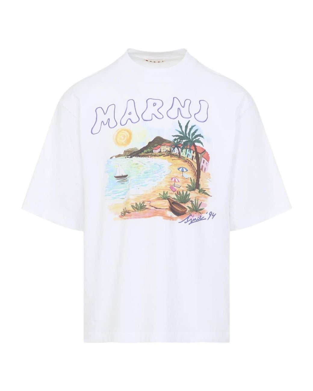 Marni White Coastal-Scene Crewneck T-Shirt for men