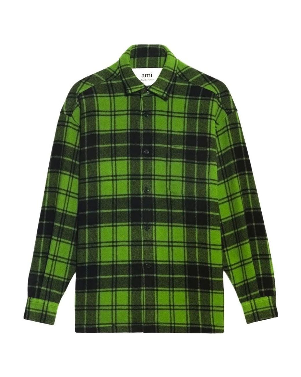 AMI Green Logo-Print Plaid-Patterned Shirt for men