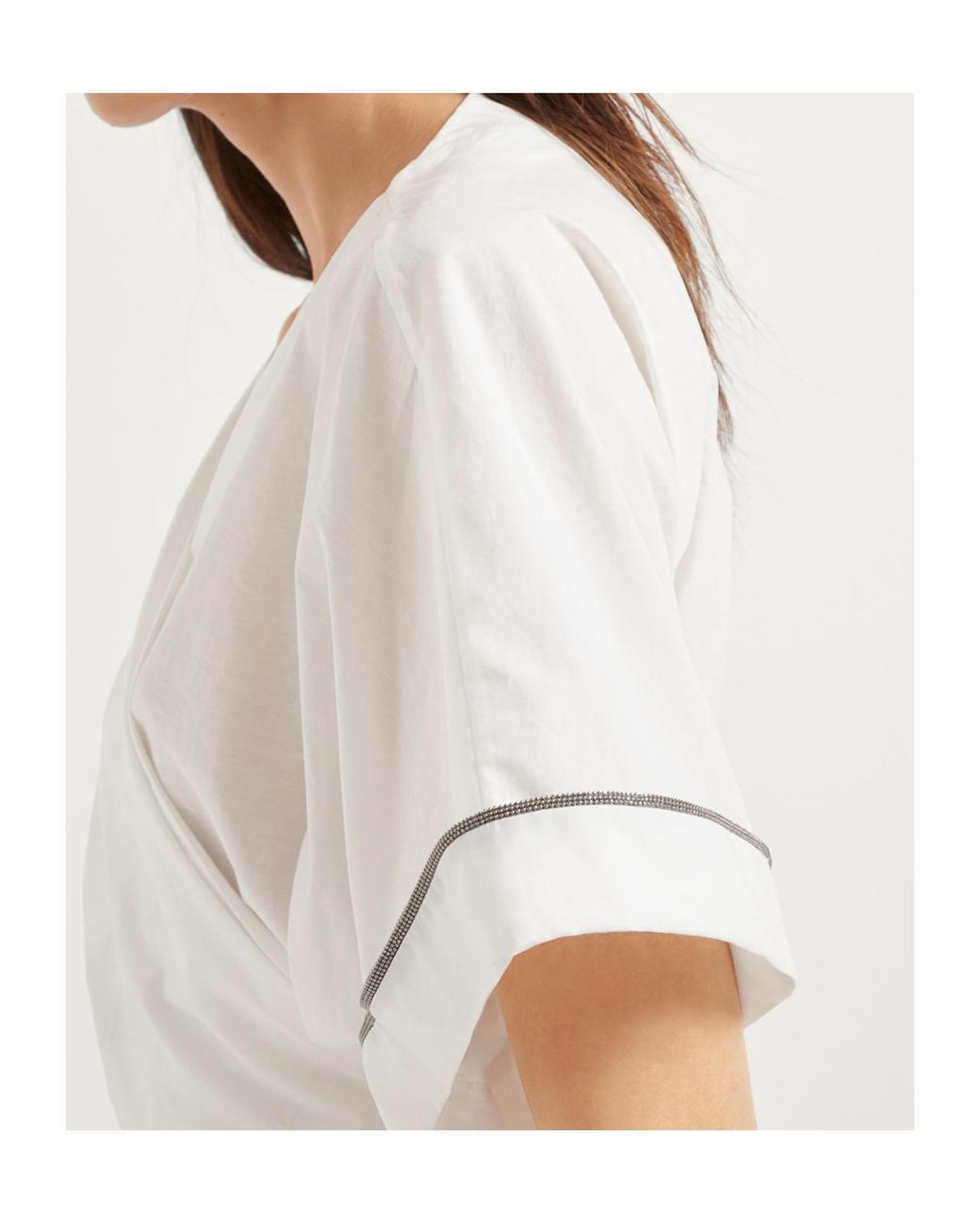 Brunello Cucinelli White Shiny Trim Poplin Kimono-Style Top