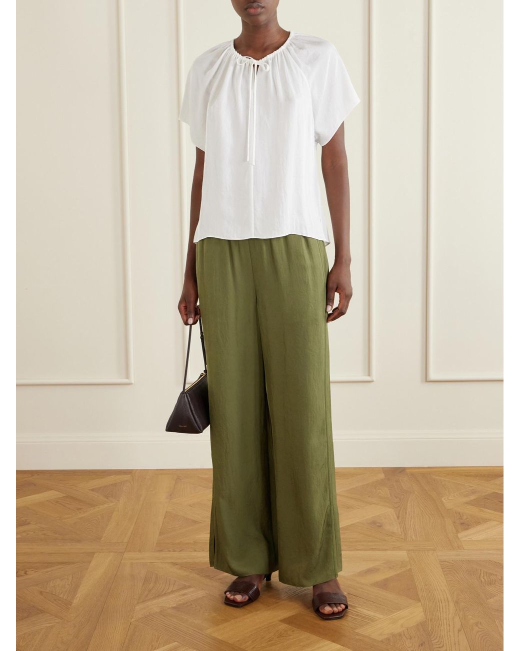 Theory Green Crepon Wide-Leg Pants