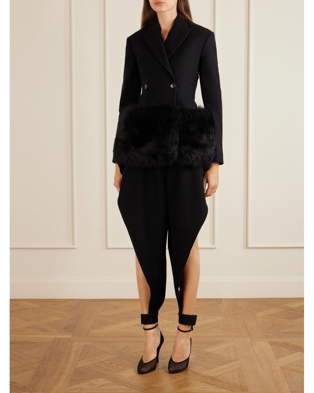 Alaïa Blue Double-Breasted Shearling-Trimmed Wool Blazer