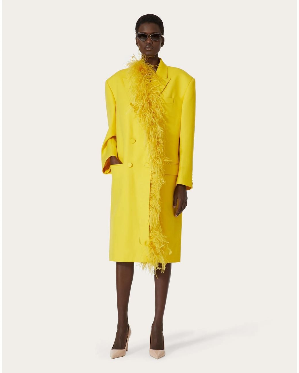 Valentino Yellow Feather-Trim Double-Breasted Wool Coat
