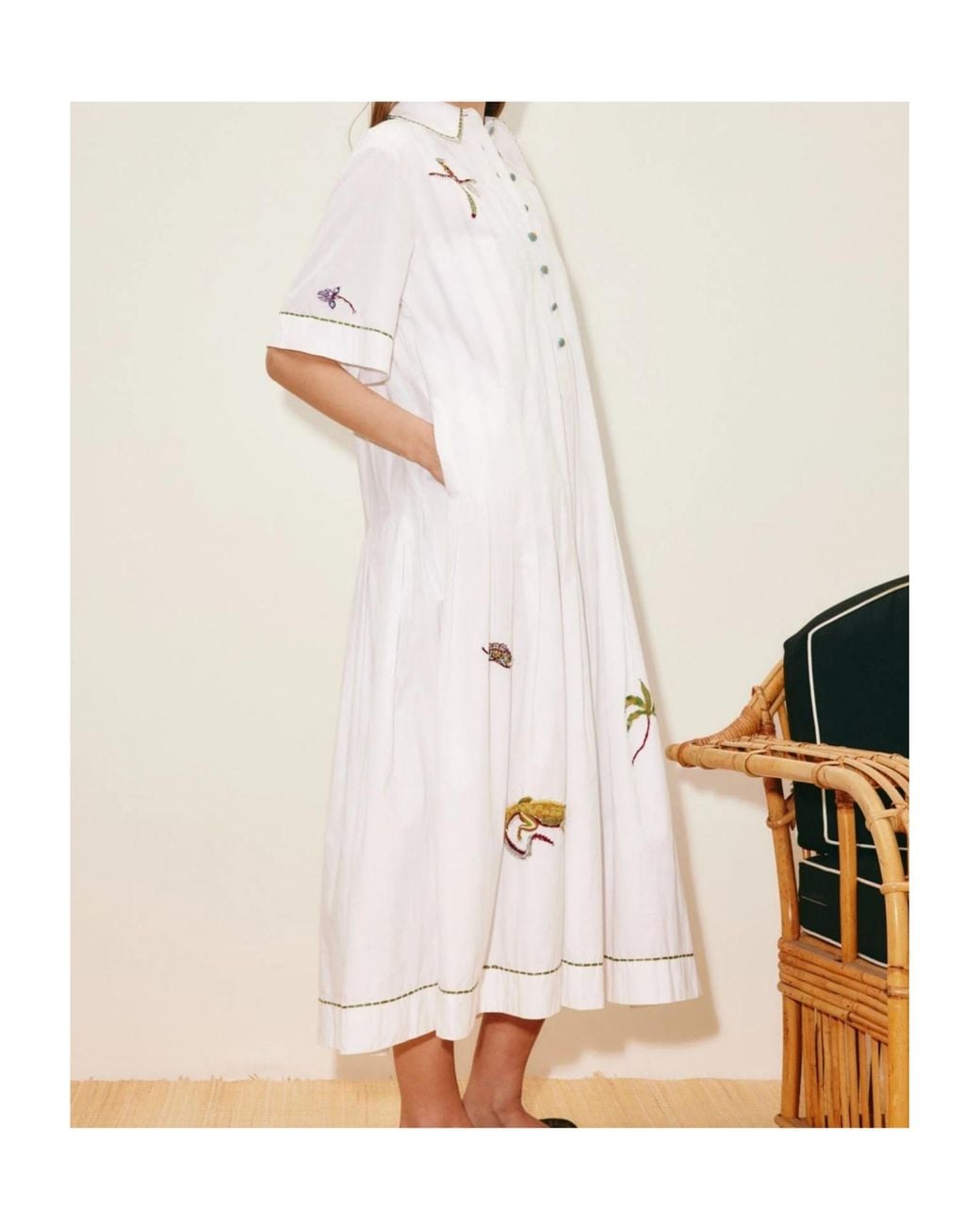 ALÉMAIS White Camelia Embroidered Pleated Shirtdress