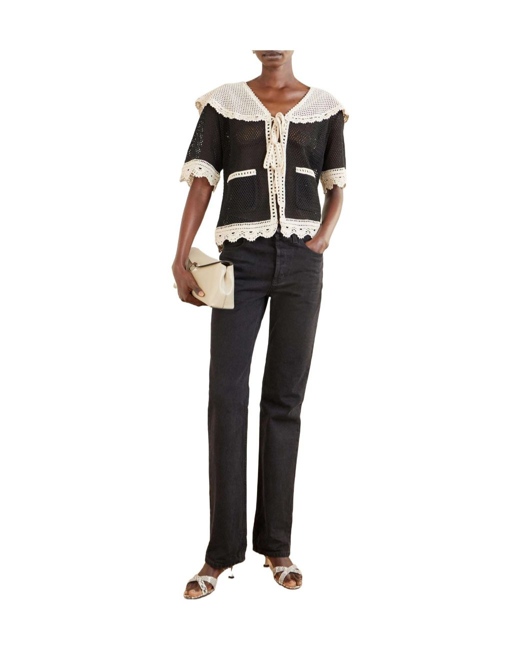 Sea Black Crochet-Knit Sailor-Collar Cardigan