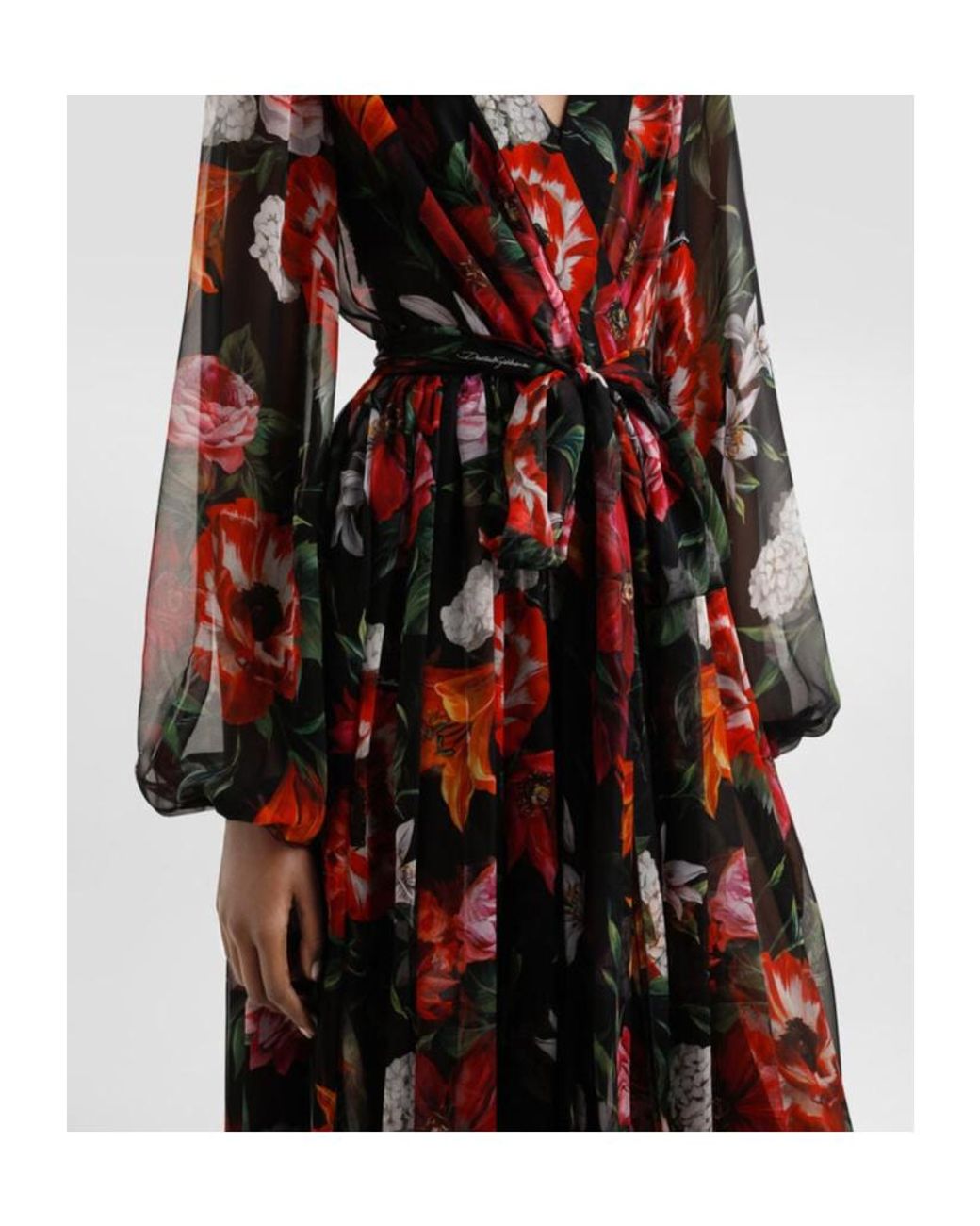 Dolce & Gabbana Red Floral Chiffon Midi Dress