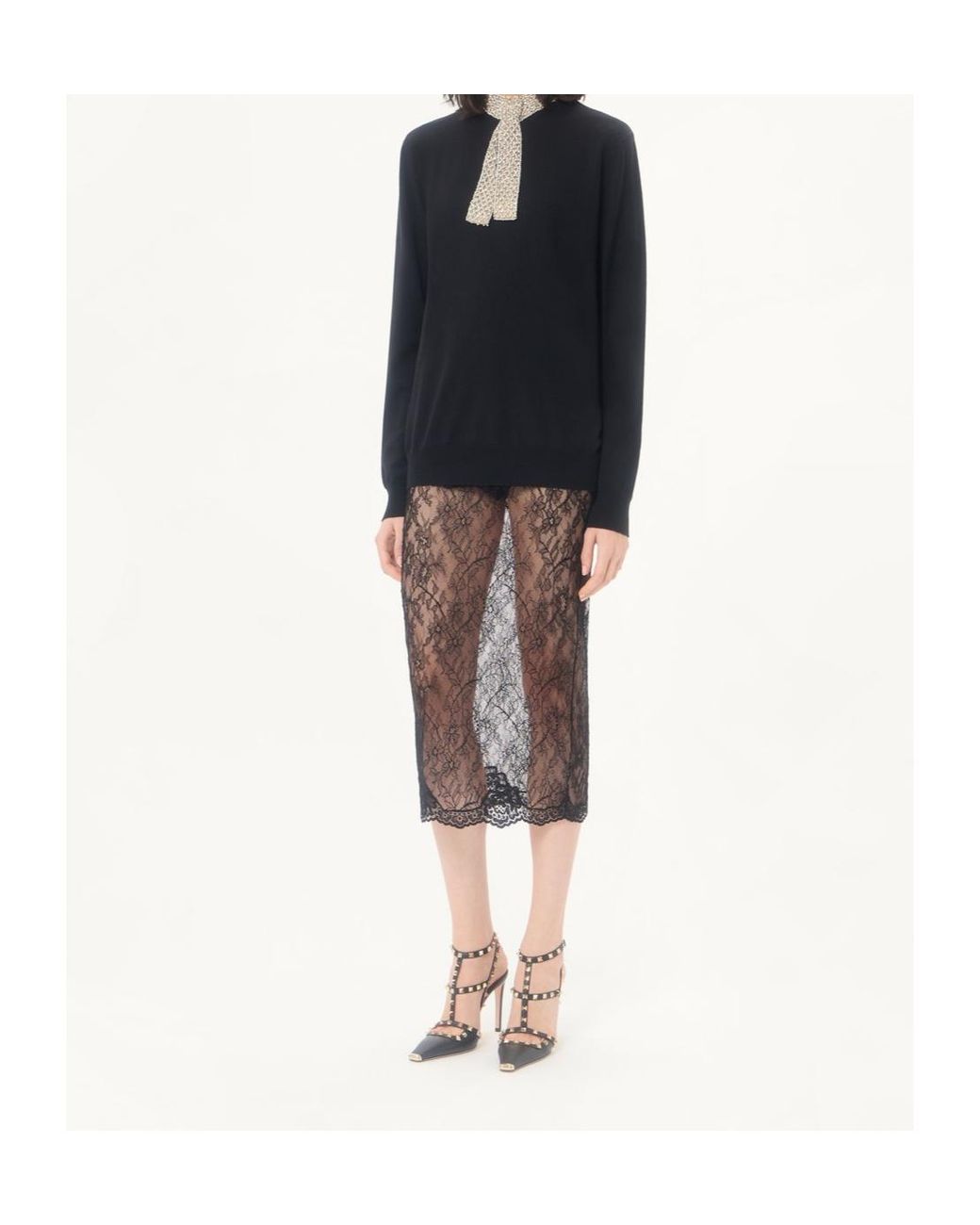 Valentino Gray Sheer Lace Midi Skirt