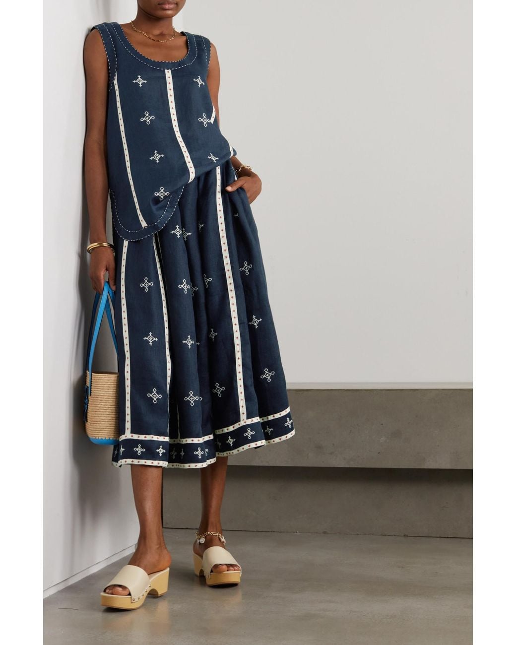 Vita Kin Blue Gera Embroidered Linen Midi Skirt