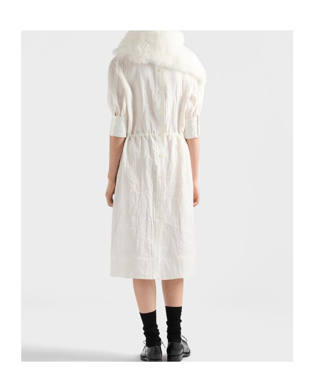 Prada White Embroidered Slubbed Fabric Dress