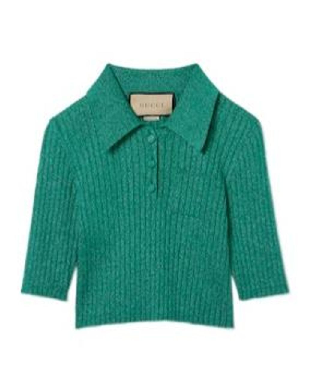 Gucci Green Ribbed-Lamé Cropped Polo Shirt