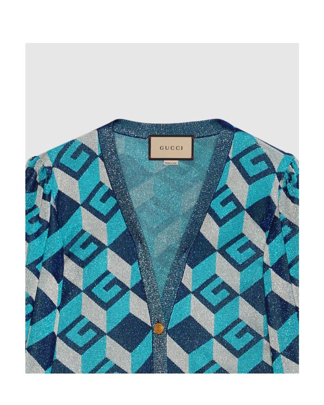 Gucci Blue Geometric G Lamé Jacquard Cardigan