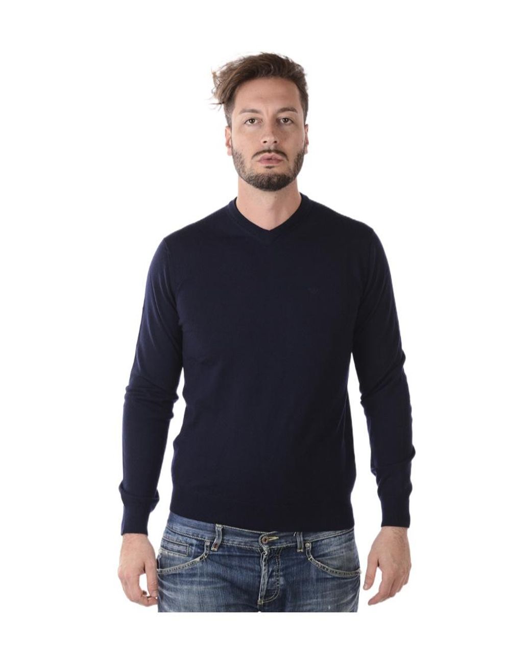 Emporio Armani Blue Round-Neck And Long-Sleeved Sweater for men