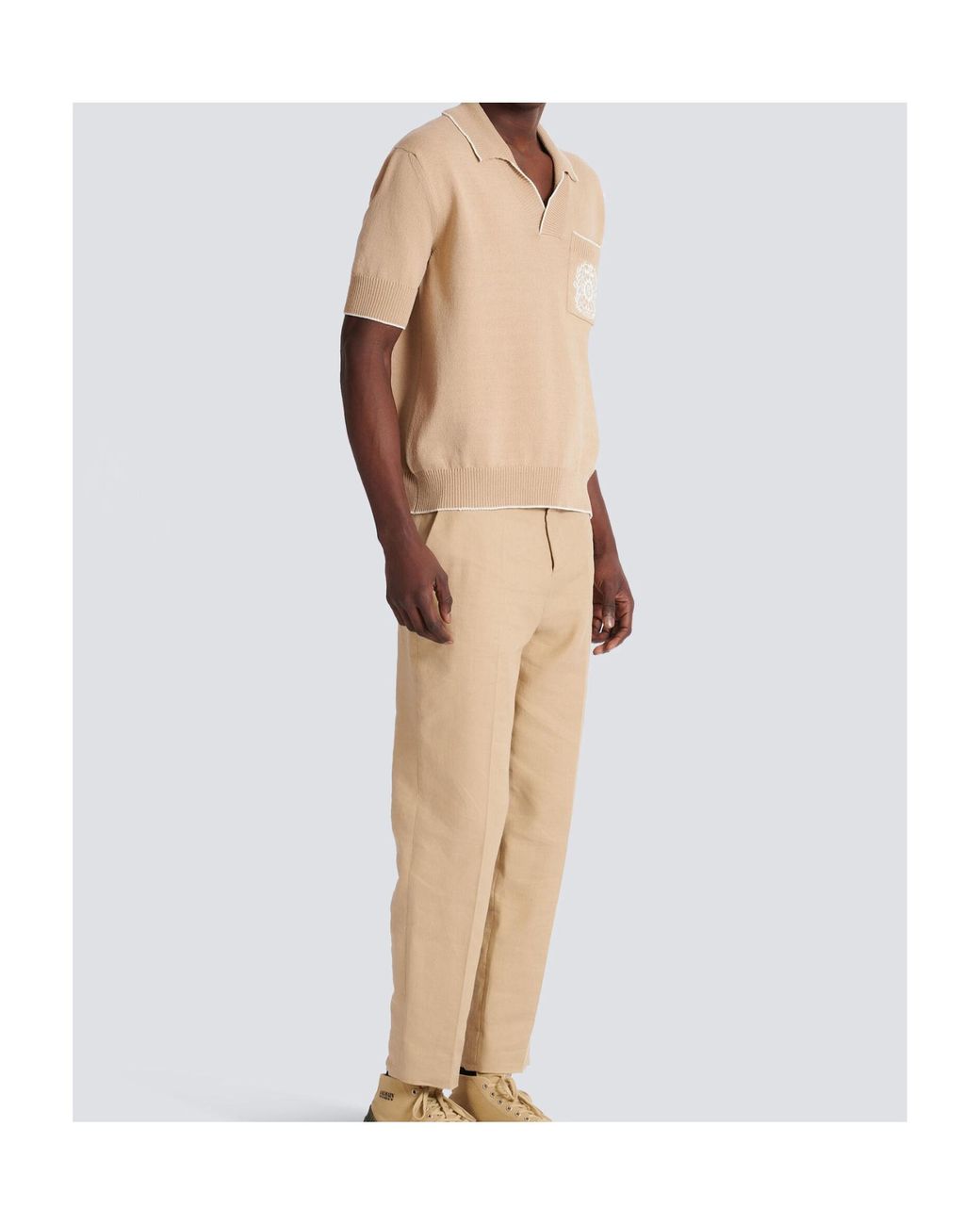 Balmain Natural Knitted Crest-Detail Polo Shirt for men