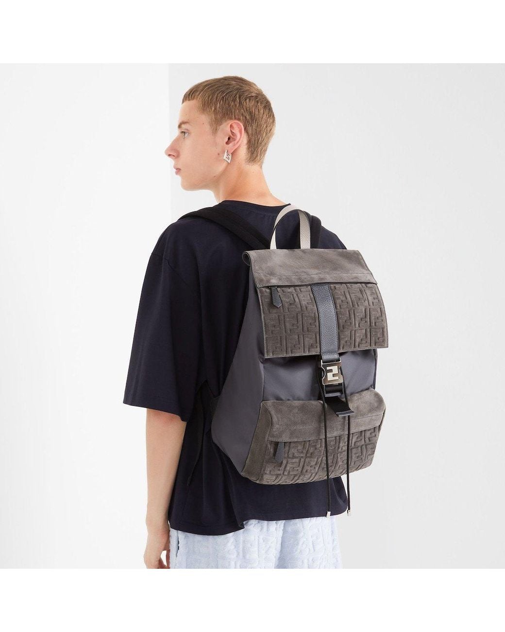 Fendi Gray Ness Medium Backpack for men