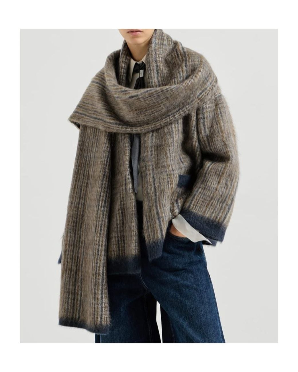 Brunello Cucinelli Gray Prince Of Wales Scarf Double Knit Outerwear Jacket