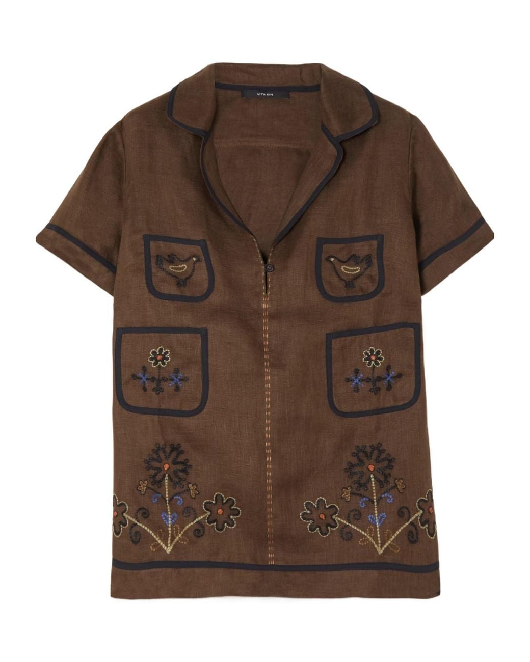 Vita Kin Brown Misha Embroidered Linen Blouse