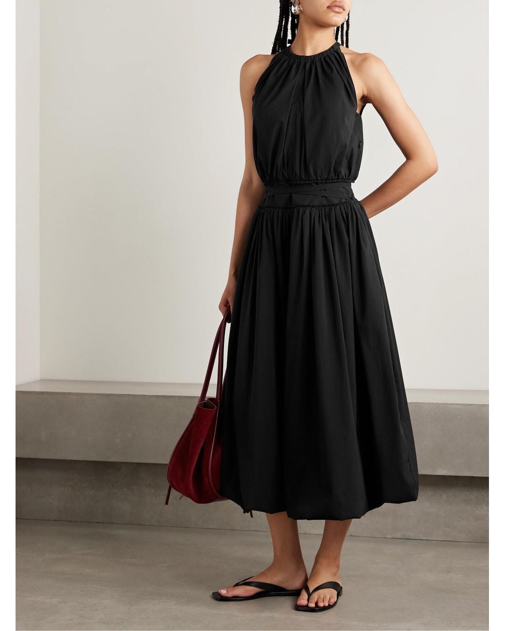 Proenza Schouler Black Belted Gathered Poplin Midi Dress