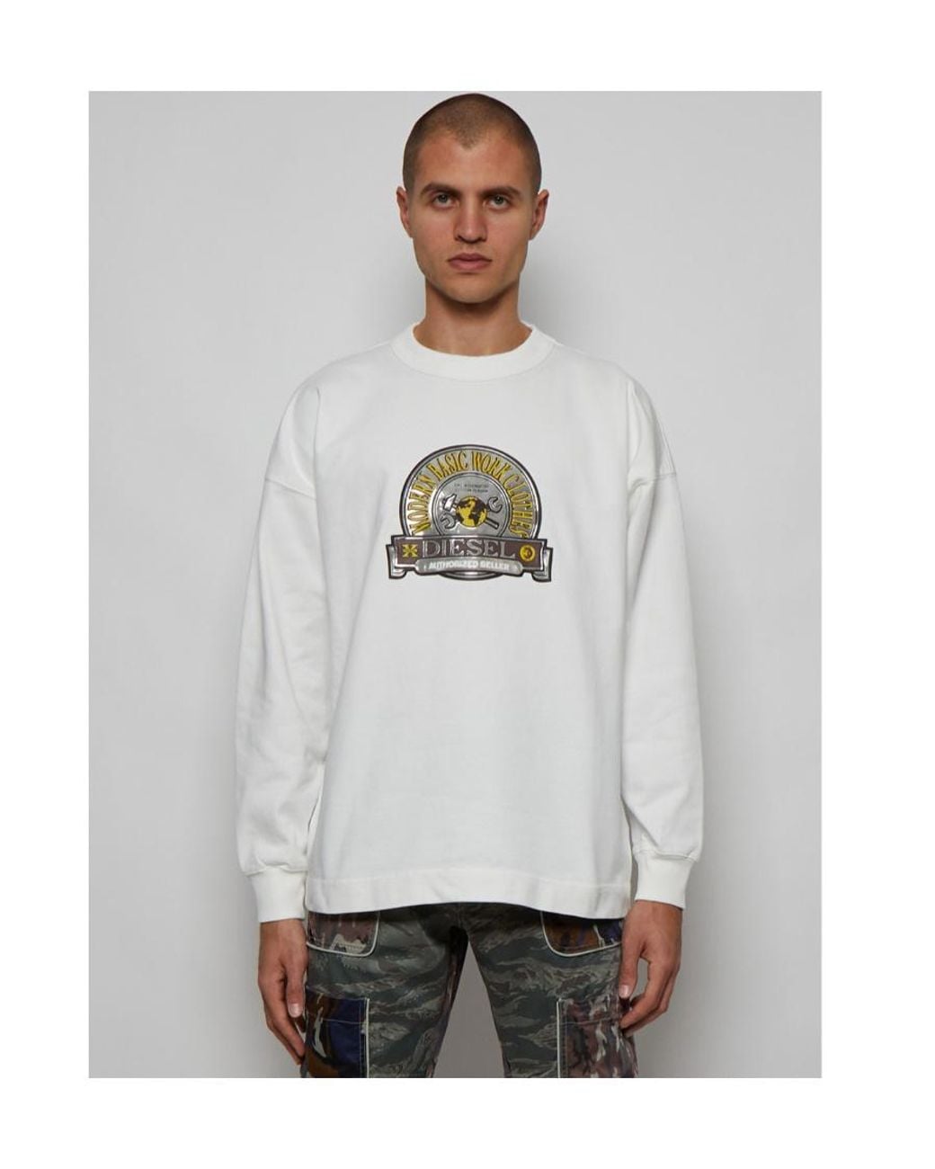 DIESEL White Logo Patch Crewneck Sweatshirt for men