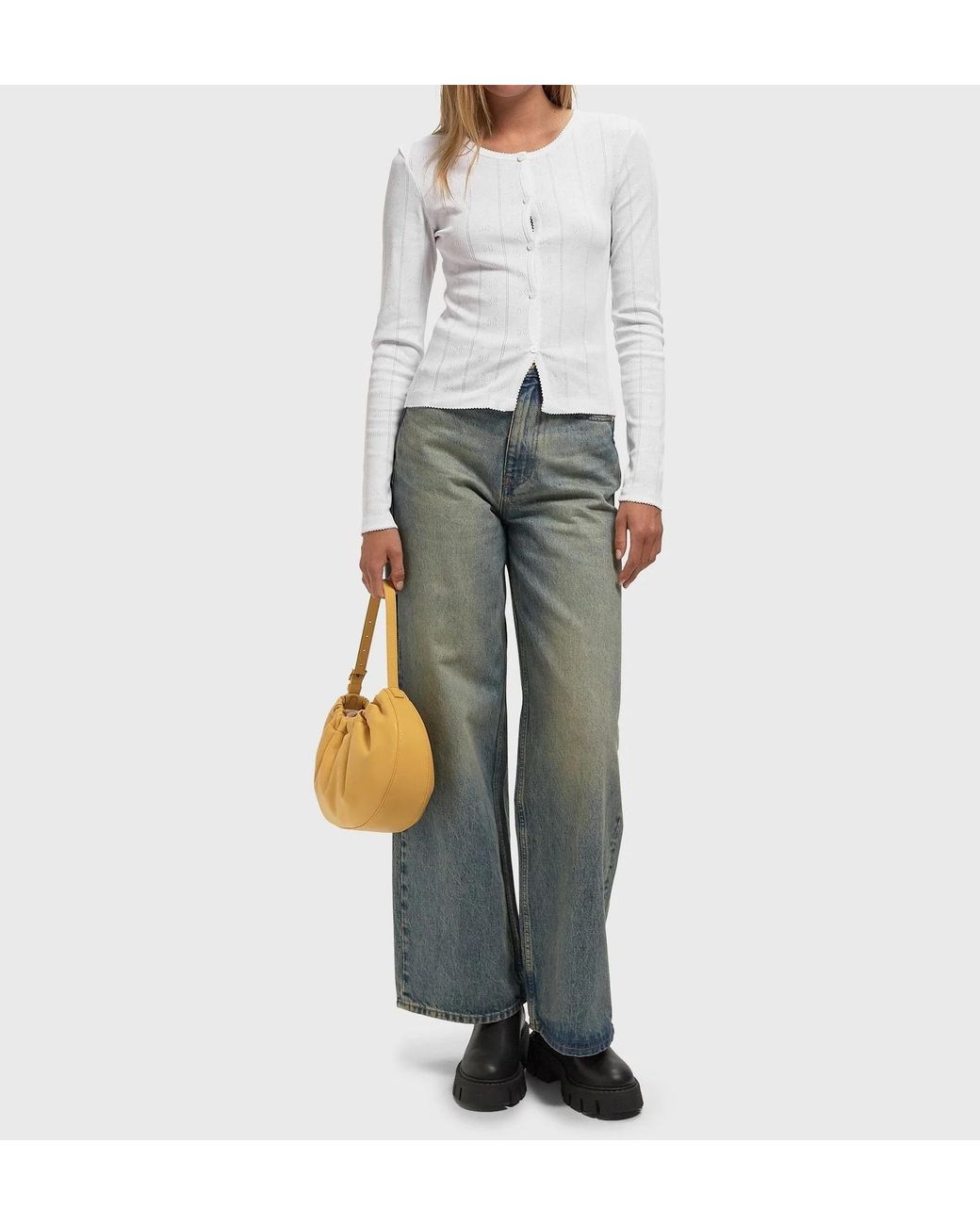Ganni White Pointelle Knit Round Neck Cardigan