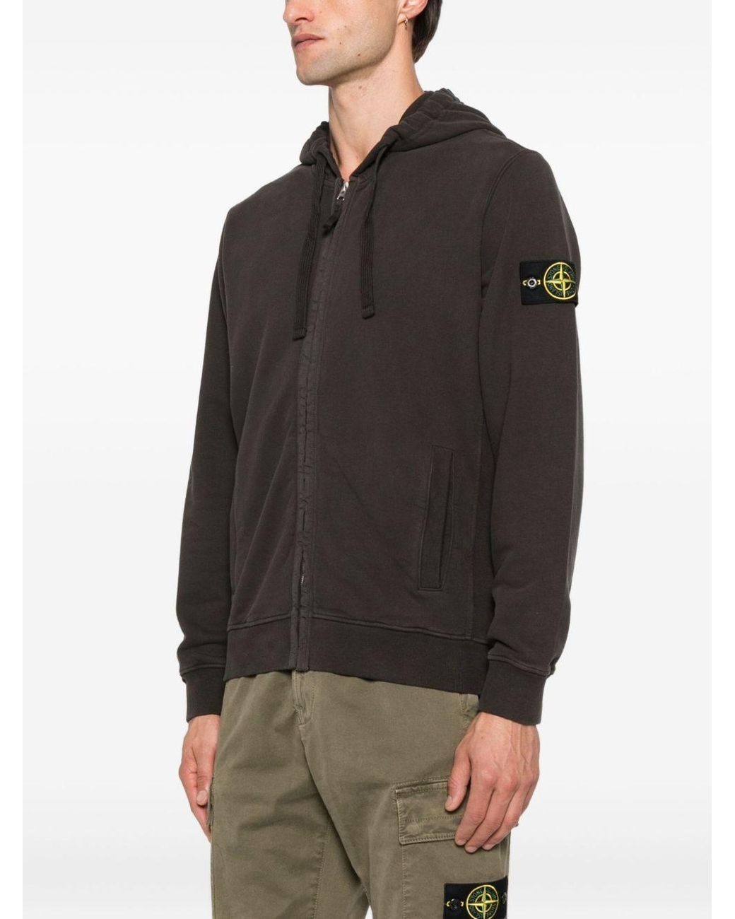 Stone Island Black Zip-Up Compass Patch Hoodie for men