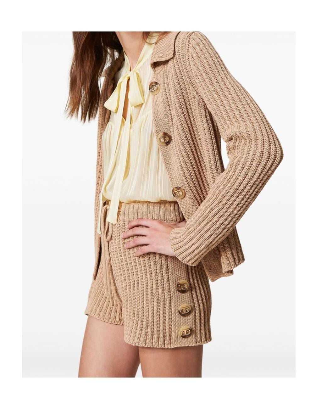 Twinset Natural Button-Detail Ribbed-Knit Shorts