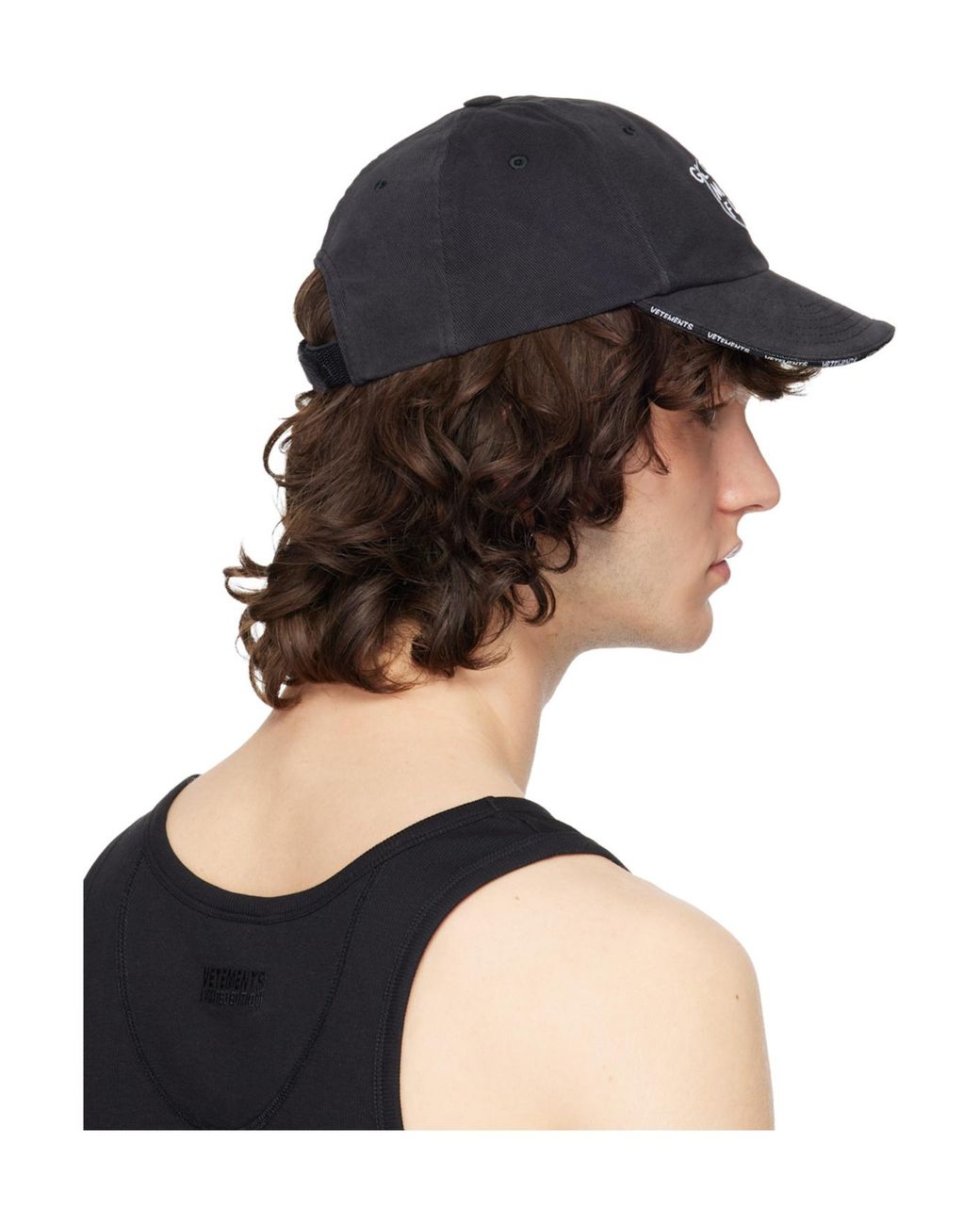 Vetements Black Global Mf Embroidered Text Sticker Cap for men