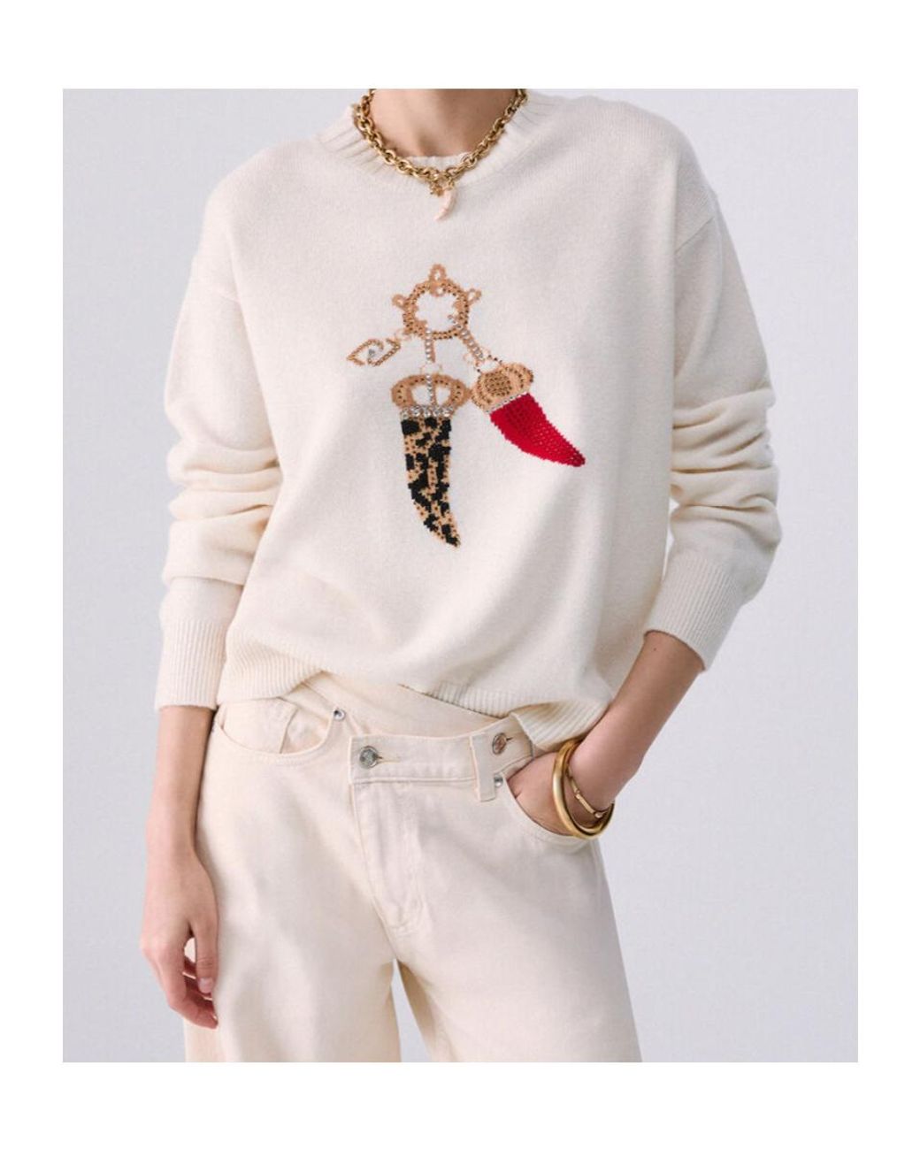 Liu Jo White Embellished Crewneck Knitted Sweater
