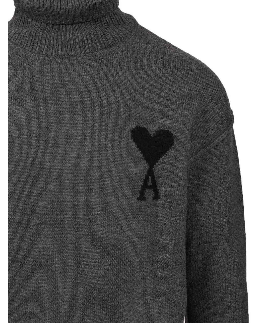 AMI Gray Heart-Logo Turtleneck Sweater for men