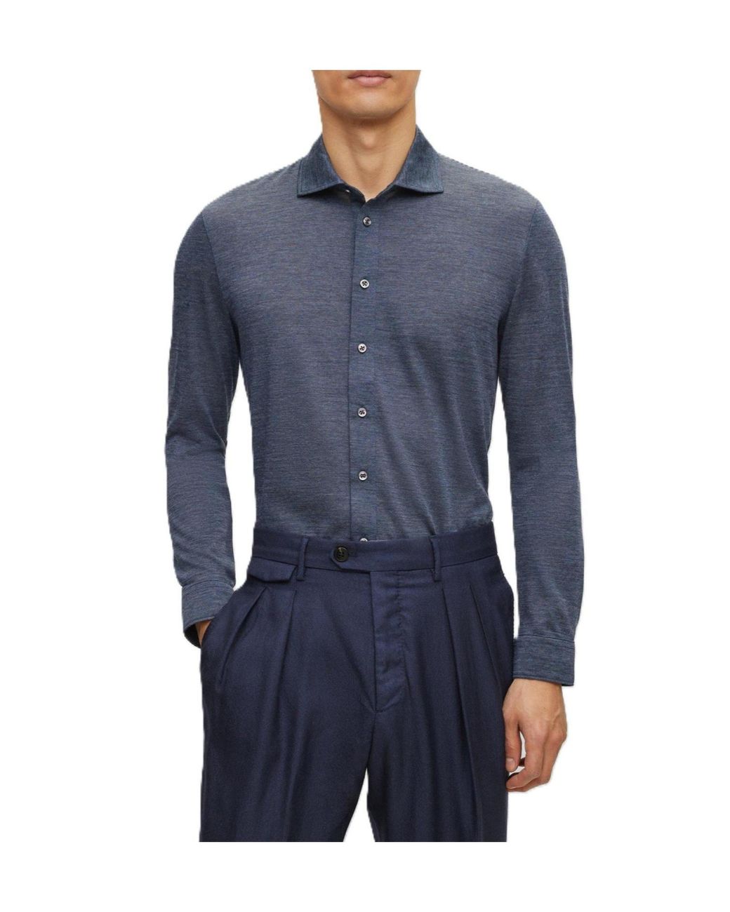 Boss Blue Heathered Collared Longsleeve Knit Shirt for men