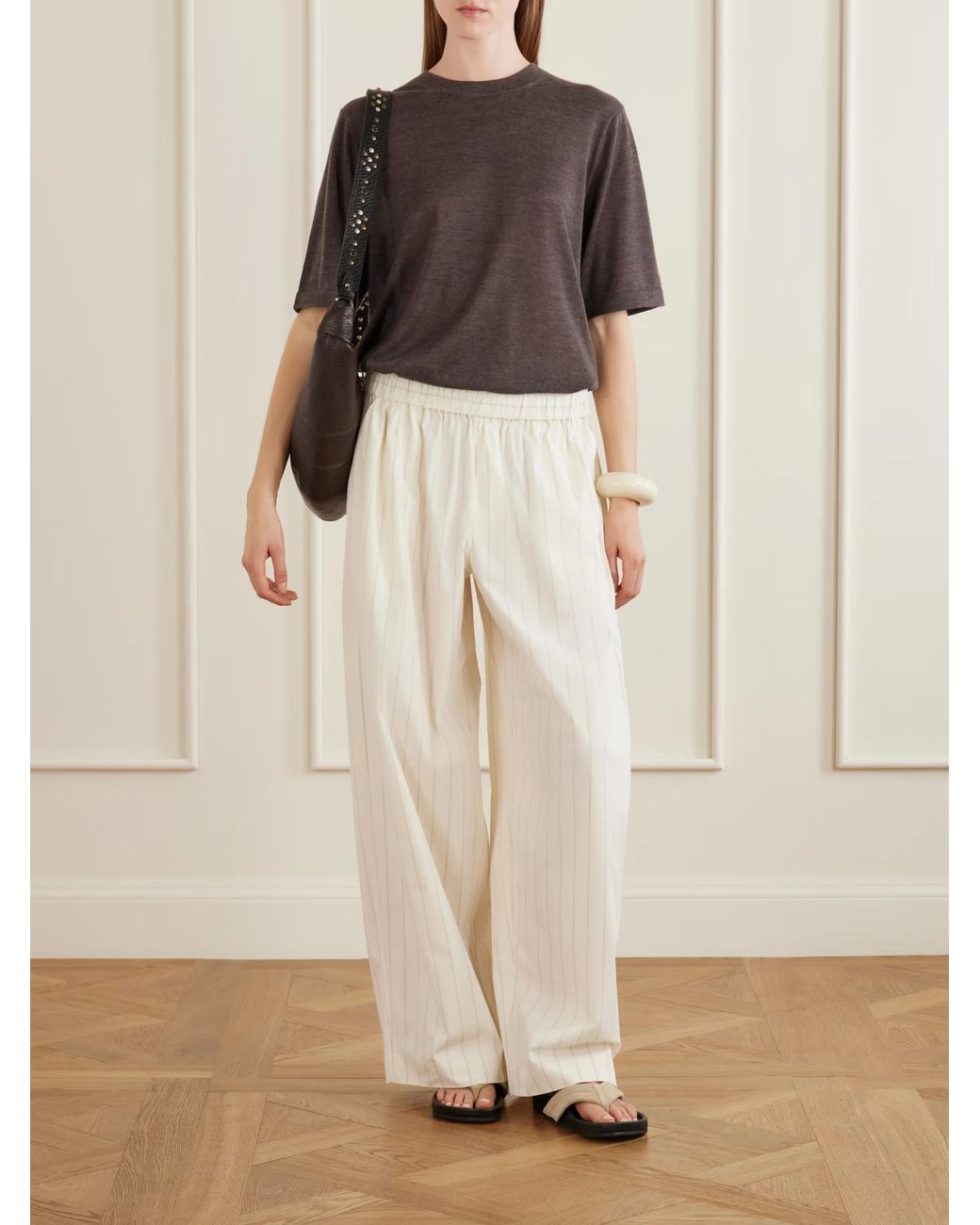 St. Agni White Striped Wide-Leg Casual Pants