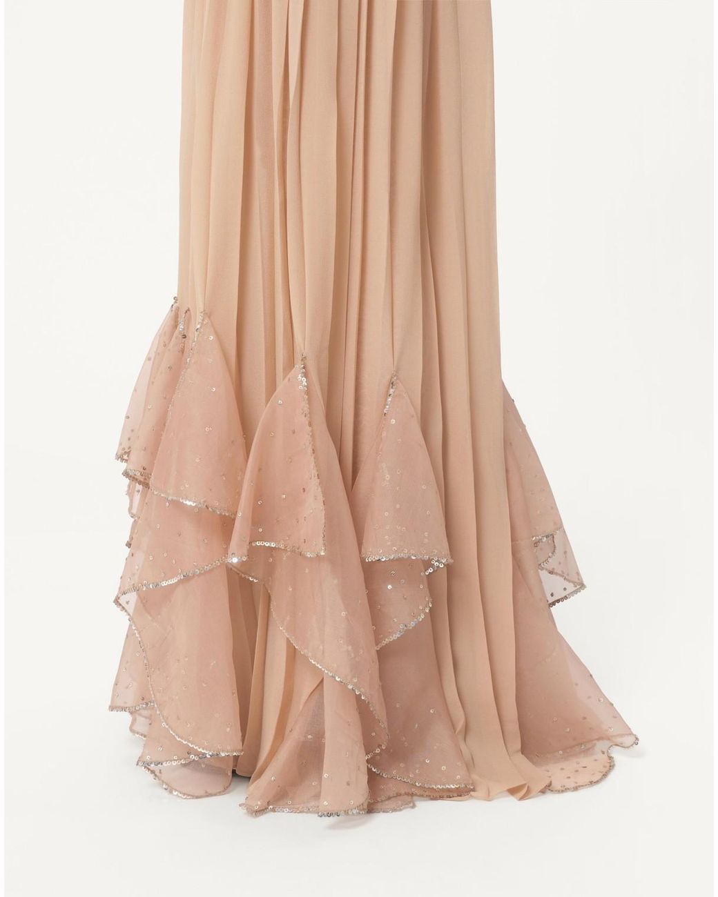 Valentino Natural Floral Embellished Ruffled V-Neck Dress