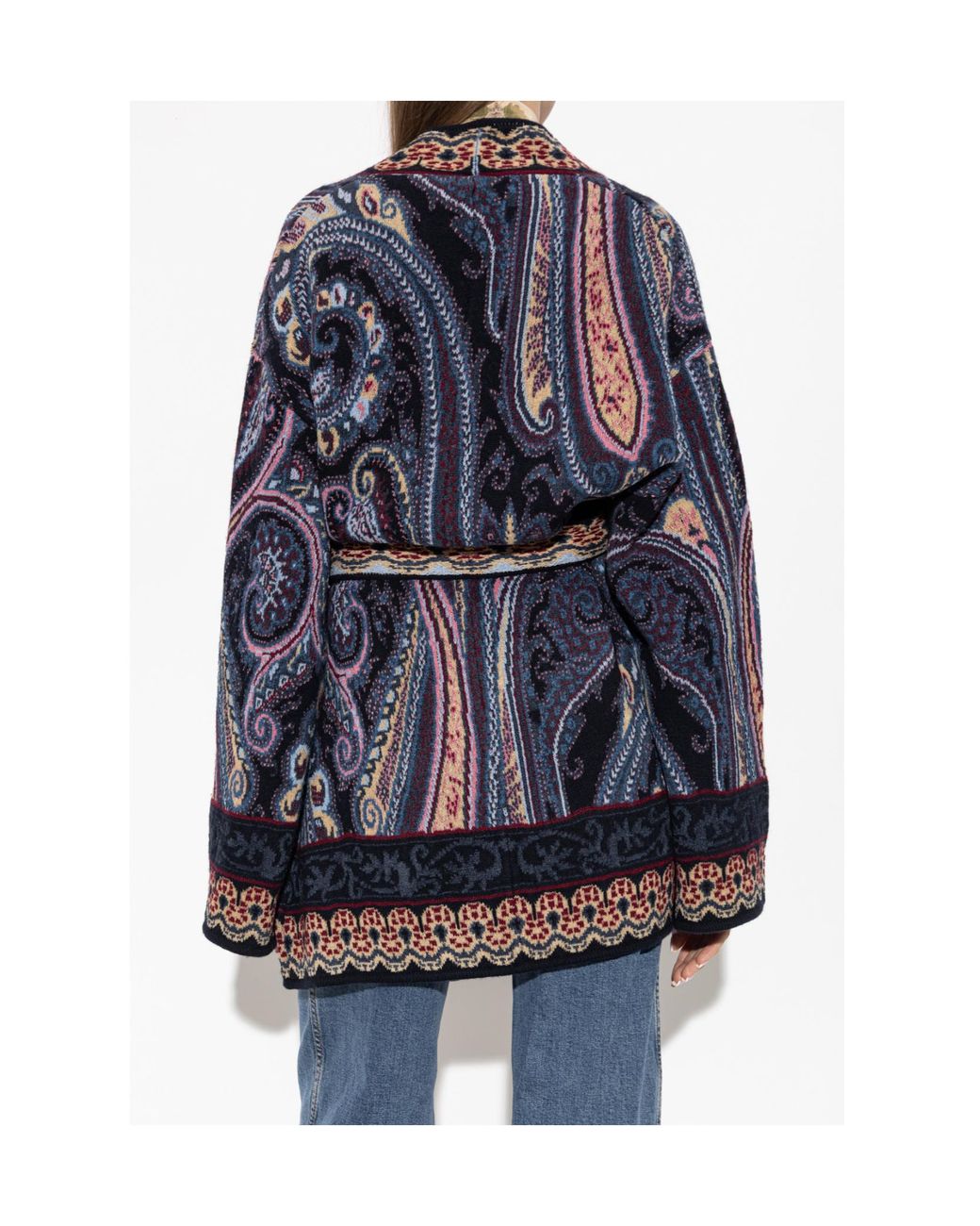 Etro Blue Belted Pattern Knit Cardigan