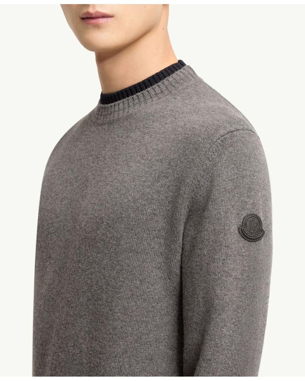 Moncler Gray Leather Logo Wool Cashmere Blend Sweater for men