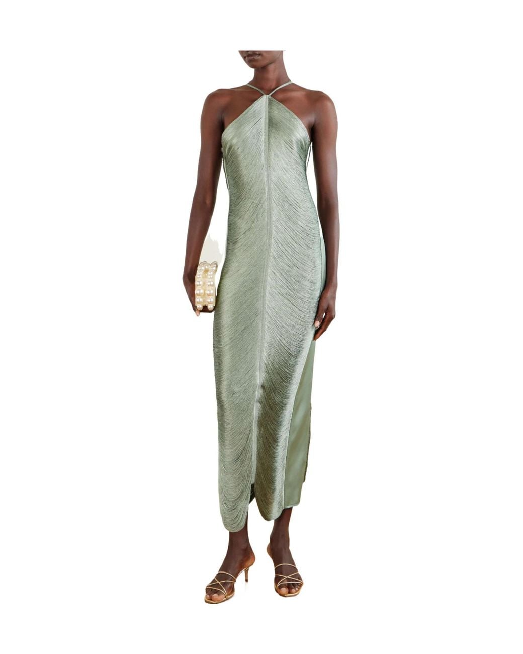 Cult Gaia Green Satin-Trimmed Mesh Gown
