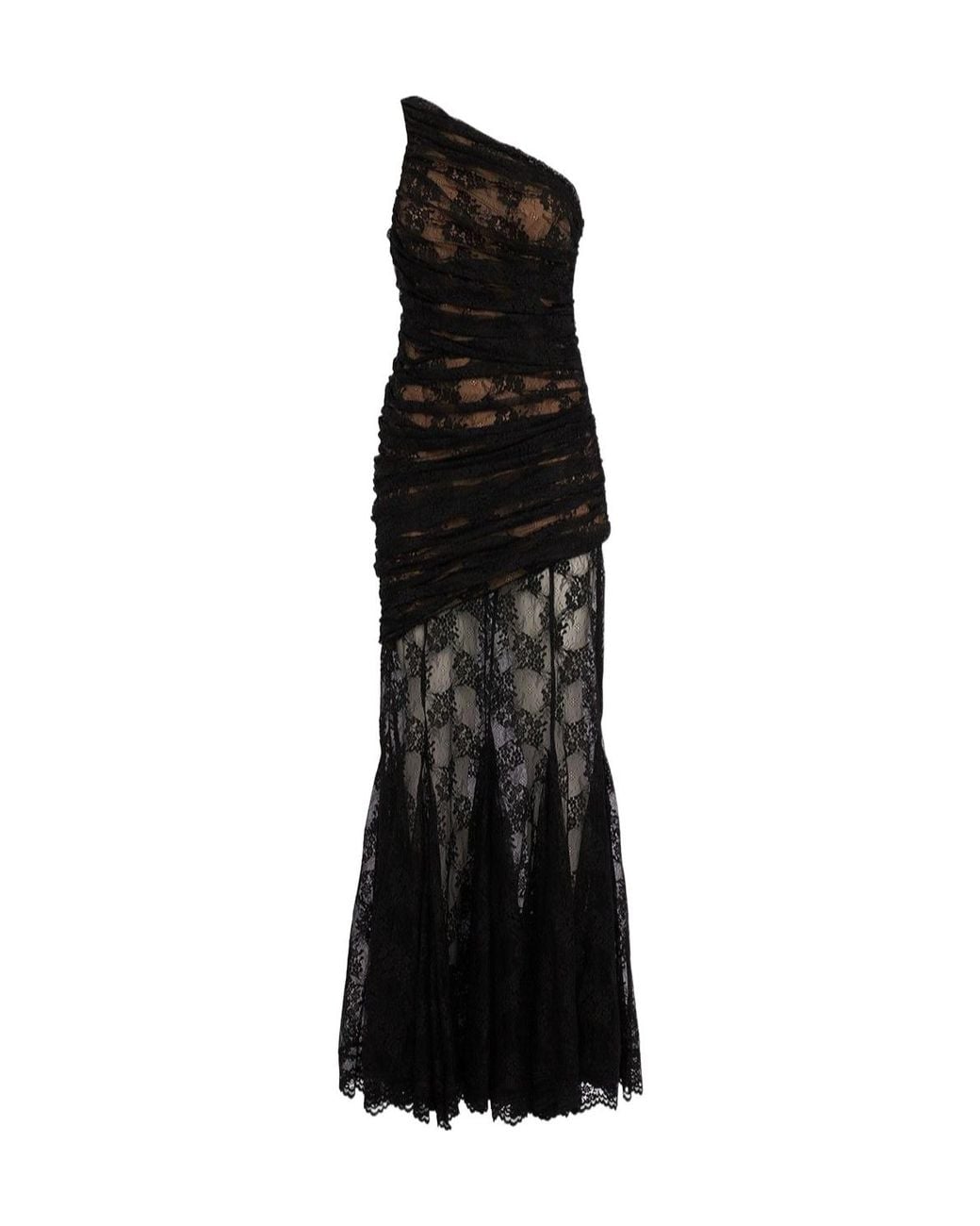 GIUSEPPE DI MORABITO Black One Shoulder Draped Lace Long Dress