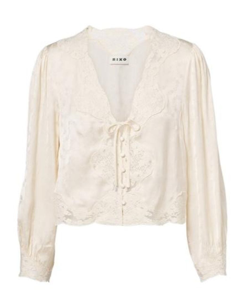 Rixo Natural Embroidered Floral Satin Blouse