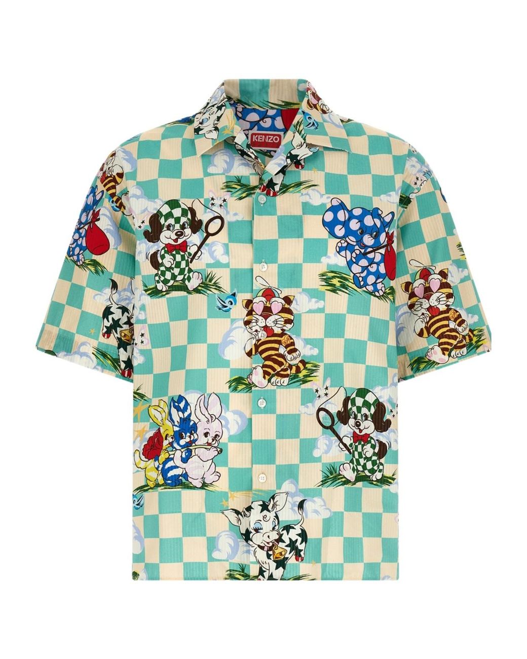 KENZO Green Checked Graphic Print Short Sleeved Shirt for men