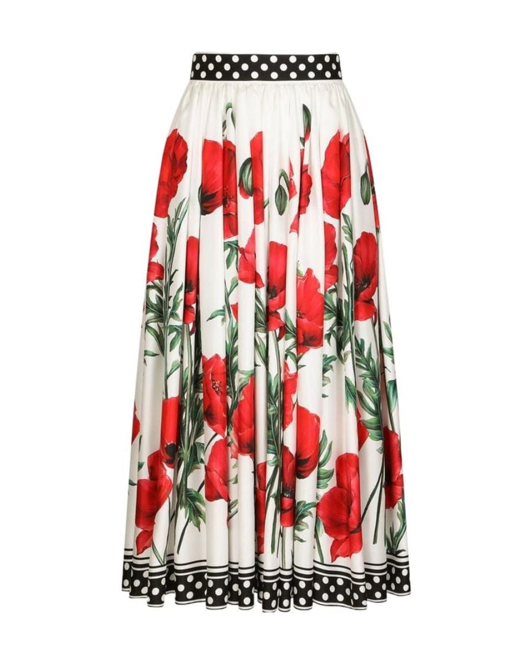 Dolce & Gabbana Red Poppy-Print High-Waisted Skirt